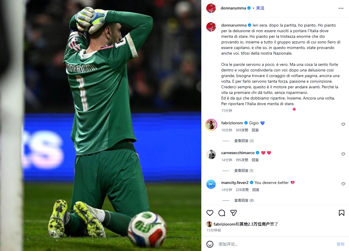 队长发声！多纳鲁马：赛后我哭了，未能带意大利去应有高度而哭